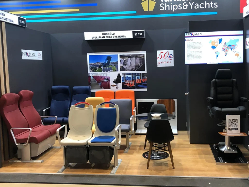 Marine passenger seats and a helm seat displayed at the Pullman Seats stand at SMM Hamburg 2022
