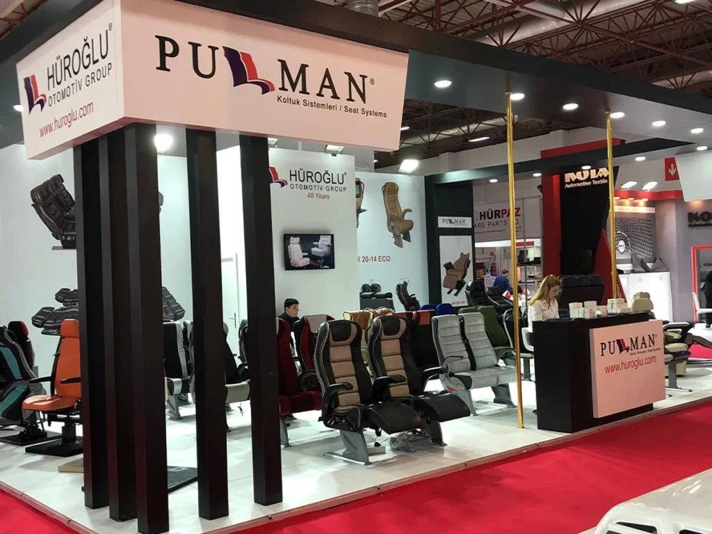 Bus and minibus passenger seats displayed at the Pullman Seats stand at Busworld 2018